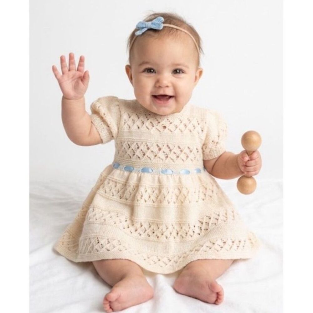 Vintage Hand-Knit Peachy Pink Short Sleeve Blue Ribbon Baby Dress Size 6-12 mos.